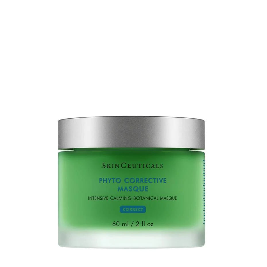 Green jar of SkinCeuticals Phyto Corrective Masque with silver lid on a white background