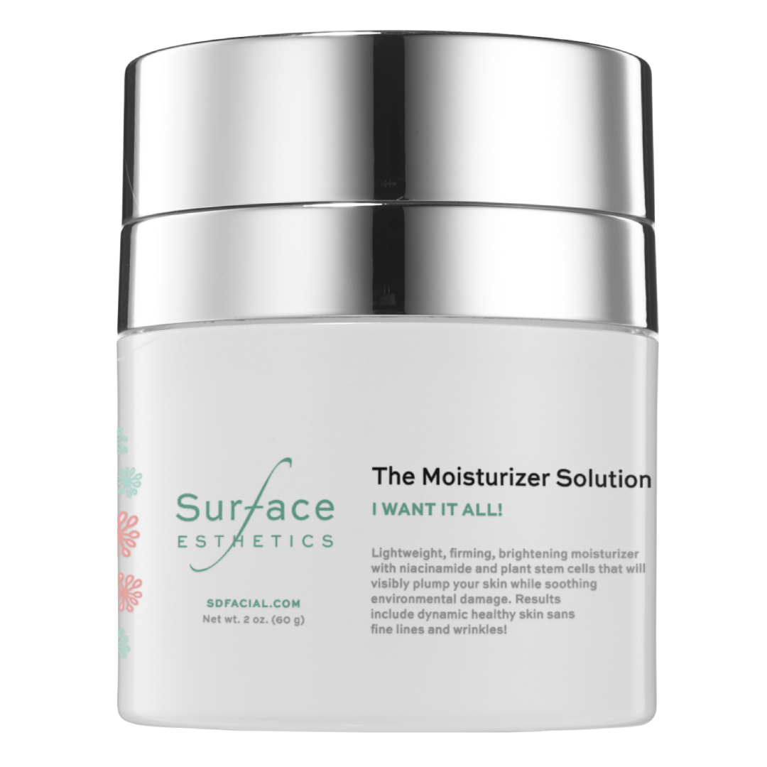 Skincare jar labeled 'The Moisturizer Solution' by Surface Esthetics on a white background