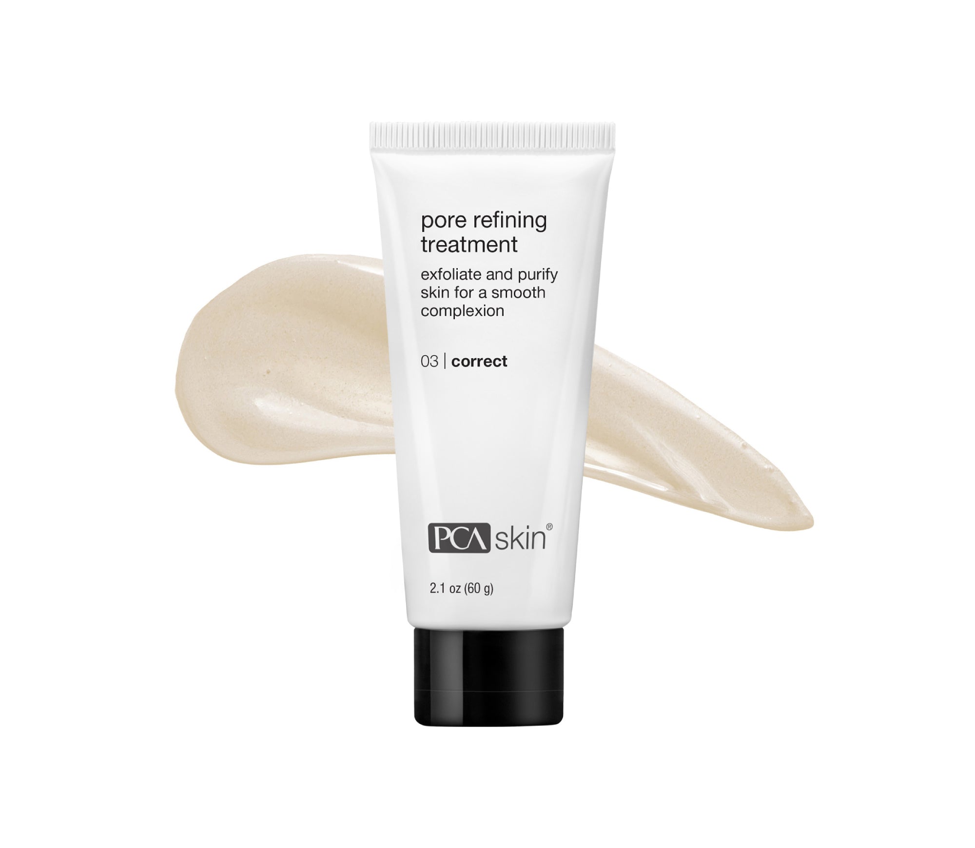PCA Skin pore refining treatment tube with a smear of cream on a white background