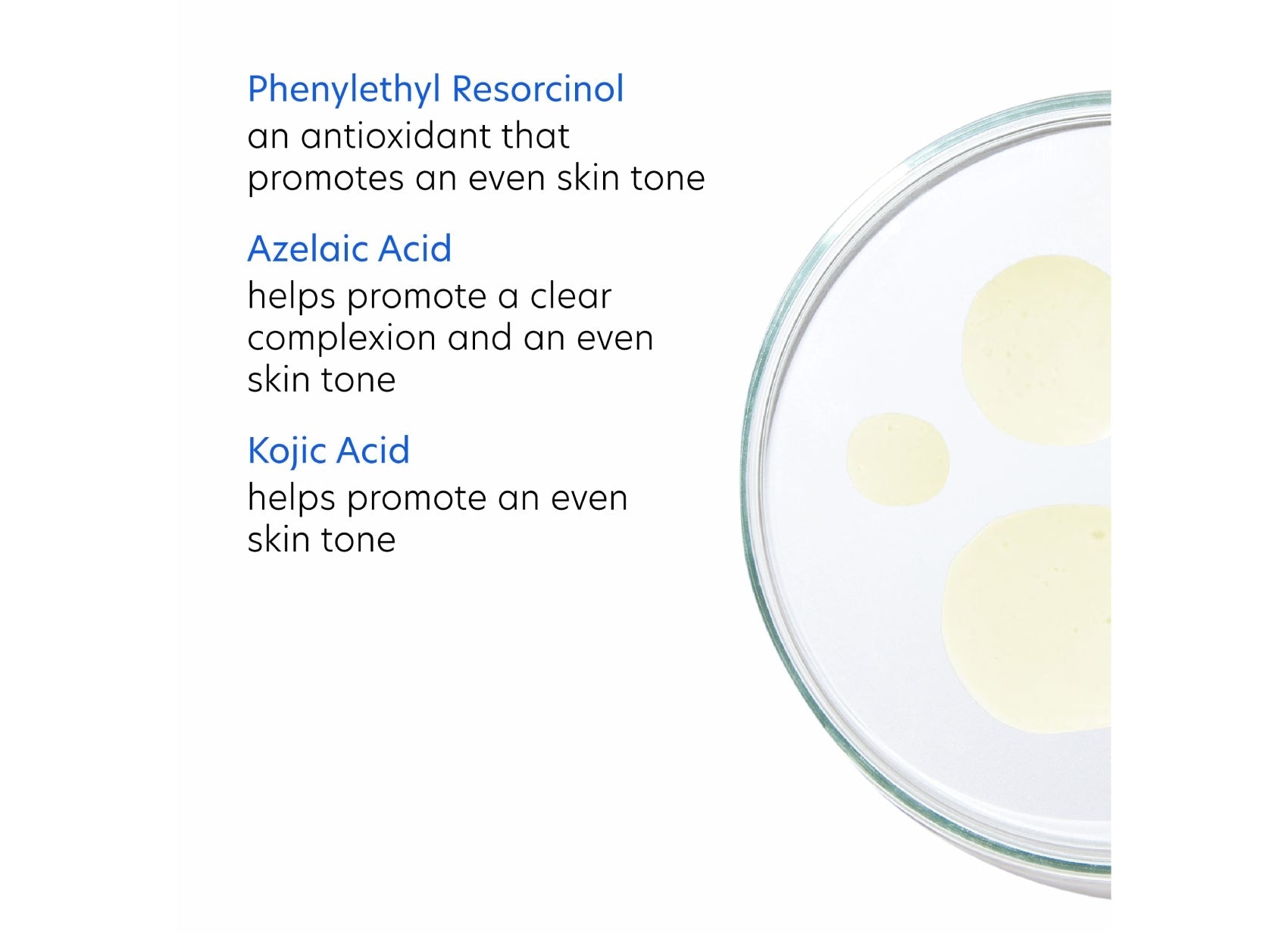 Glass plate with yellowish substance and text about skin tone improvement.
