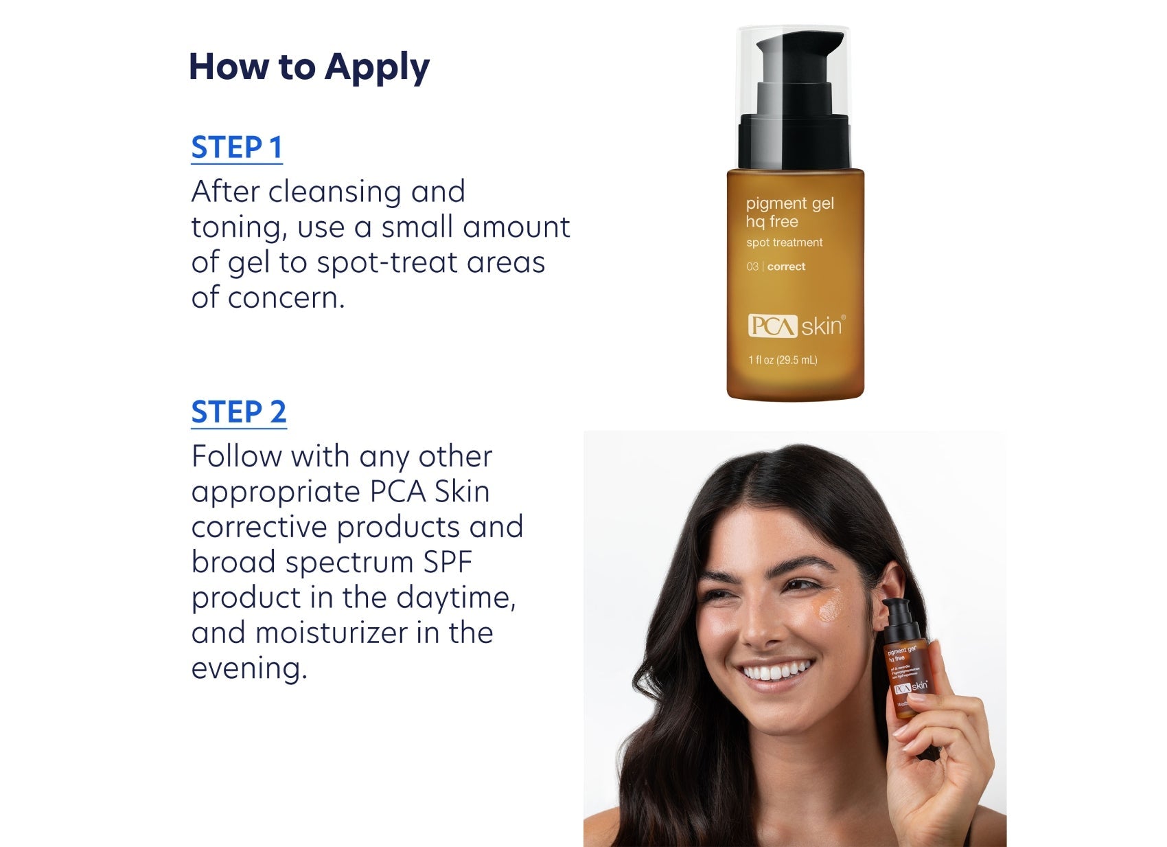 PCA Skin product with application instructions and a woman using the product.