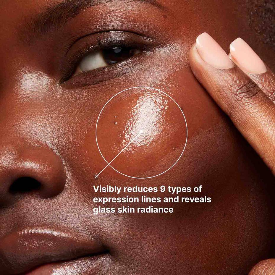 Close-up of a person's face with a focus on skin texture, showing text about skincare benefits.