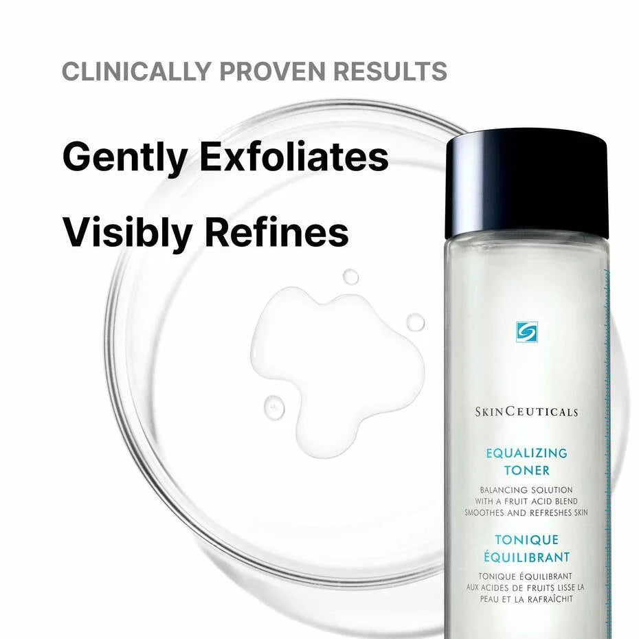 SkinCeuticals Equalizing Toner bottle with text highlighting clinical proven results on a white background