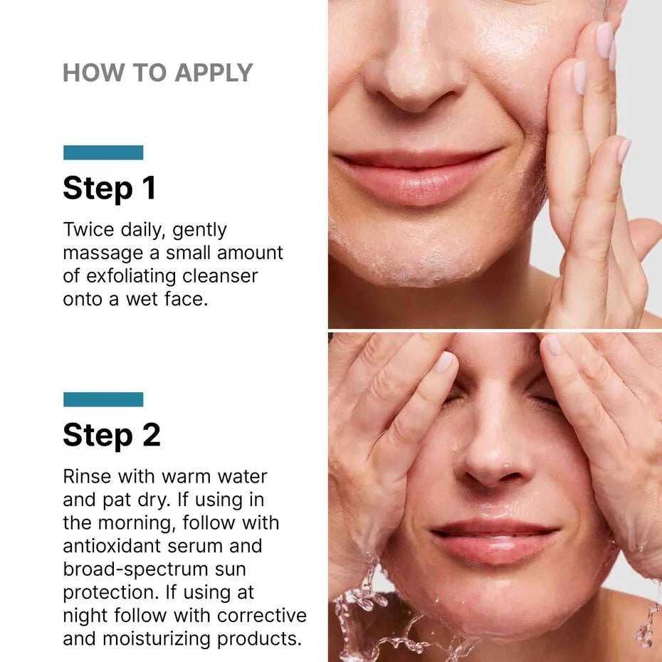 Instructions on how to apply exfoliating cleanser with close-up images of a person washing their face.