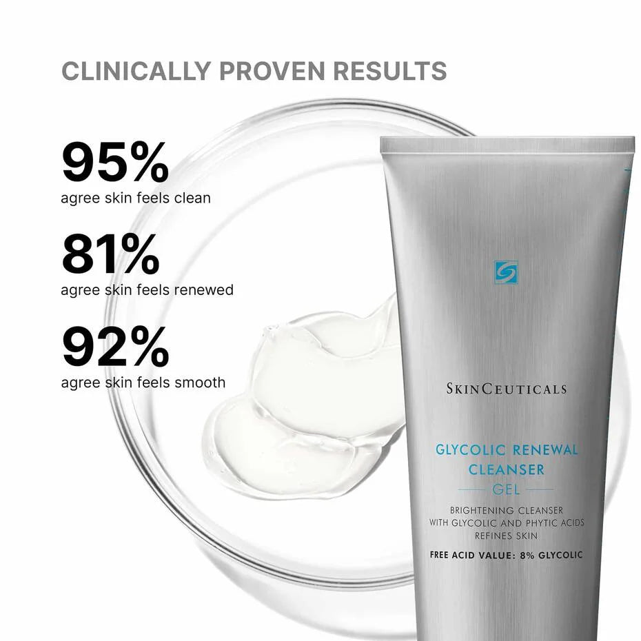 SkinCeuticals Glycolic Renewal Cleanser Gel with clinical results on a white background