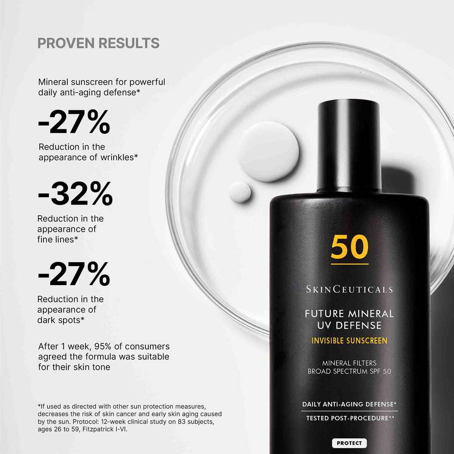SkinCeuticals Future Mineral UV Defense sunscreen bottle with proven results text on a white background