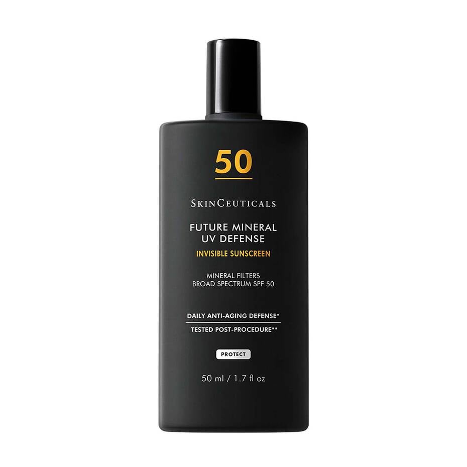 Black bottle of SkinCeuticals Future Mineral UV Defense sunscreen on a white background