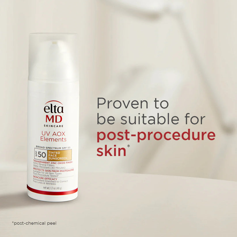 Elta MD skincare product with text about suitability for post-procedure skin on a neutral background