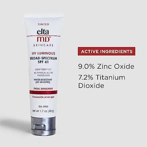 EltaMD sunscreen tube with active ingredients listed on a light gray background