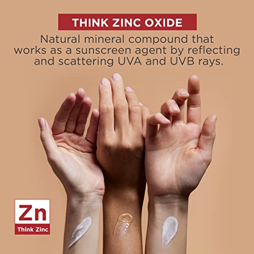 Three hands with different skin tones holding a beige color swatch, with text about zinc oxide and Think Zinc branding.