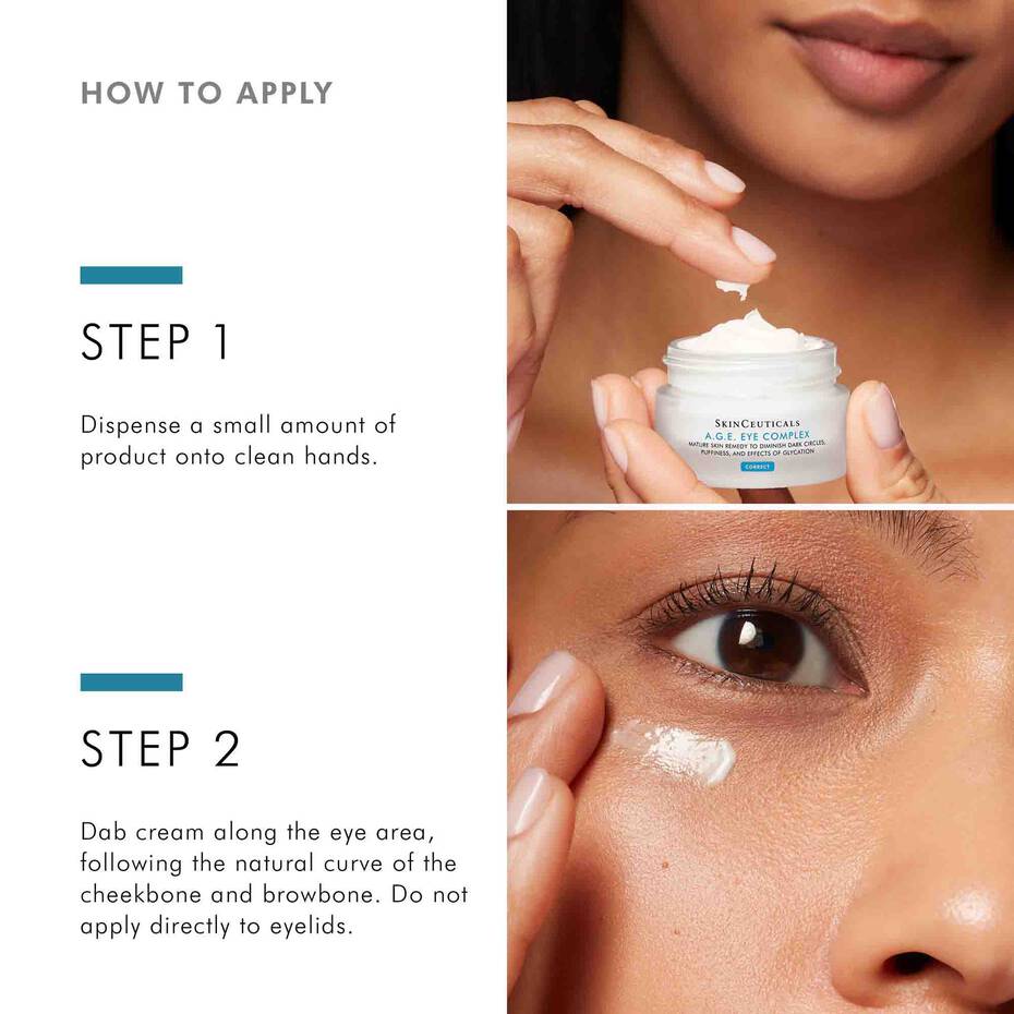 Instructions on how to apply a skincare product with close-up of application.