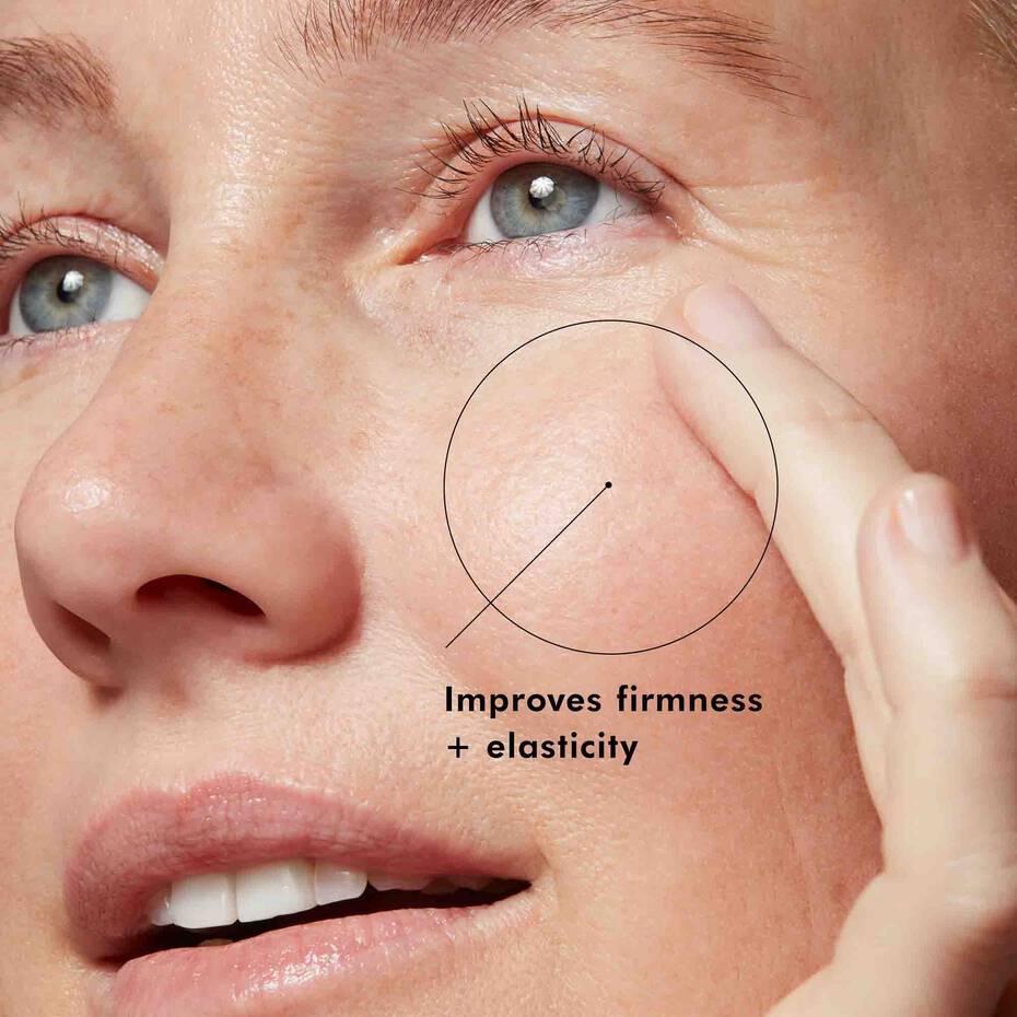 Close-up of a person's face with text indicating improvements in skin firmness and elasticity.