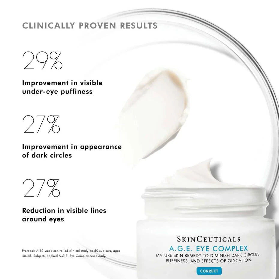 SkinCeuticals A.G.E. Eye Complex jar with clinical improvement percentages on a white background
