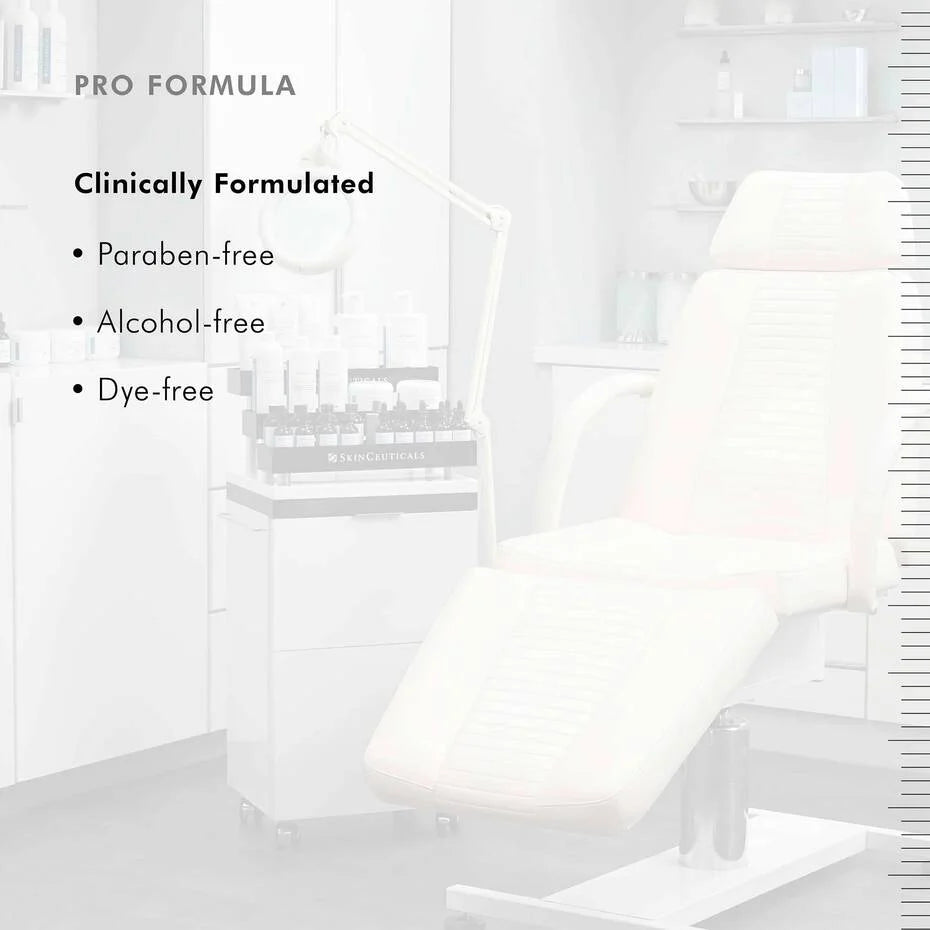 White chair with product display in a clinical setting, featuring text about product formulation.