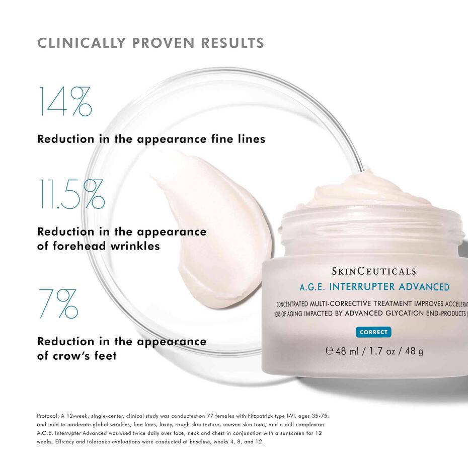 SkinCeuticals A.G.E. Interrupter Advanced cream with clinical benefits on a white background