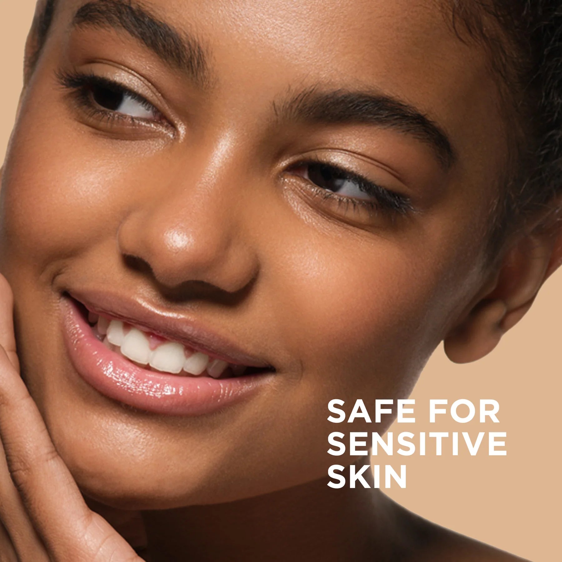 Close-up of a woman's face with 'Safe for Sensitive Skin' text on a beige background