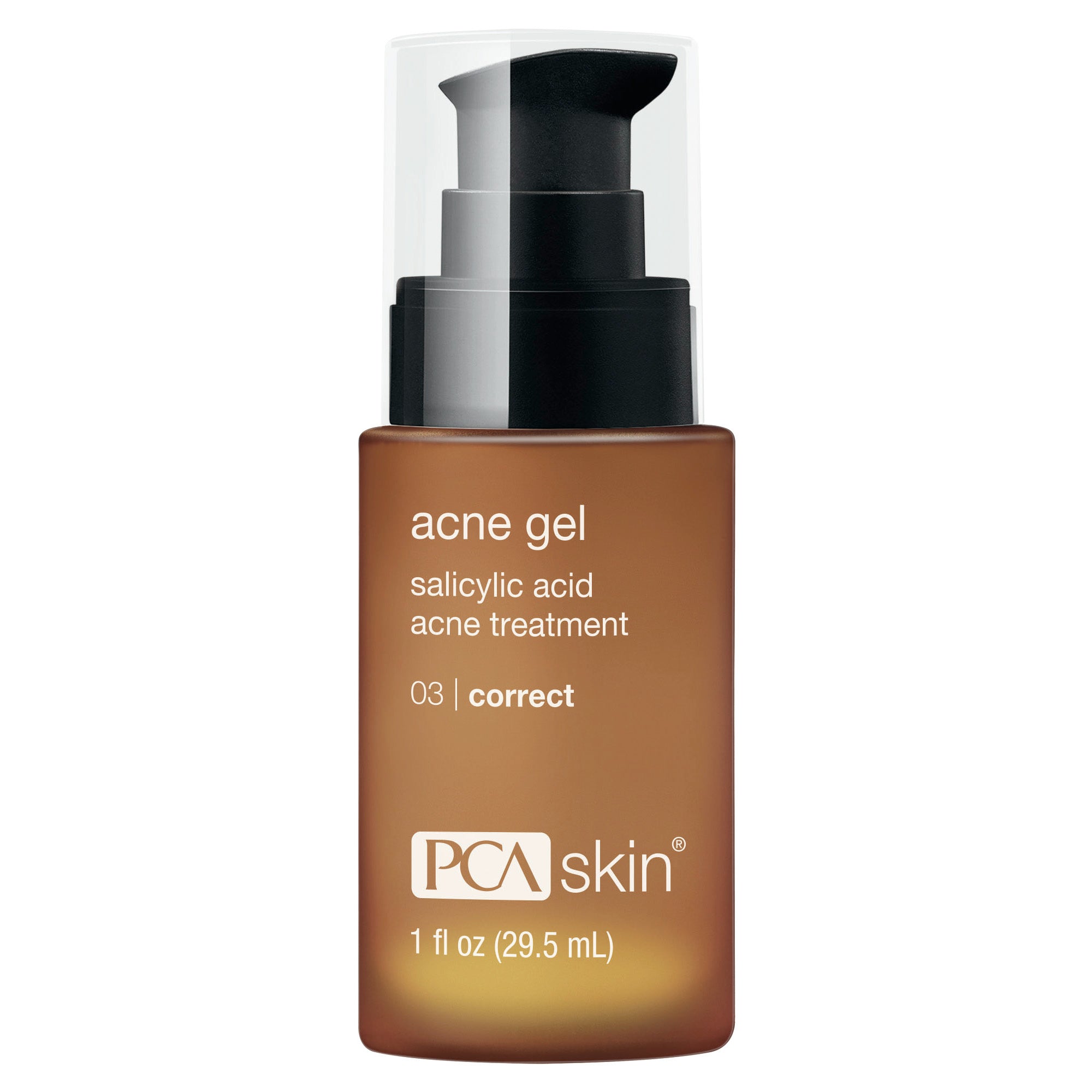 Acne gel bottle with PCA Skin logo on a white background