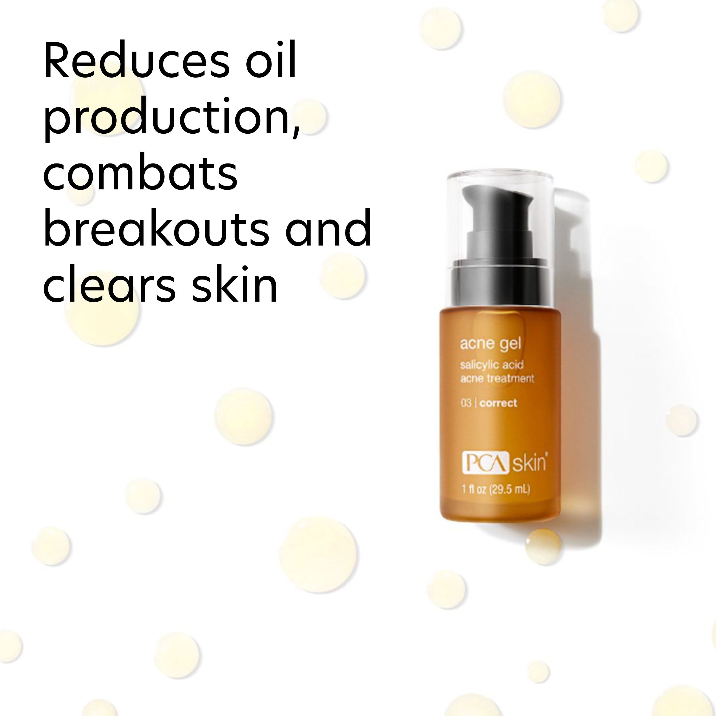 PCA Skin acne gel bottle with text on oil production, breakouts, and skin clearing.