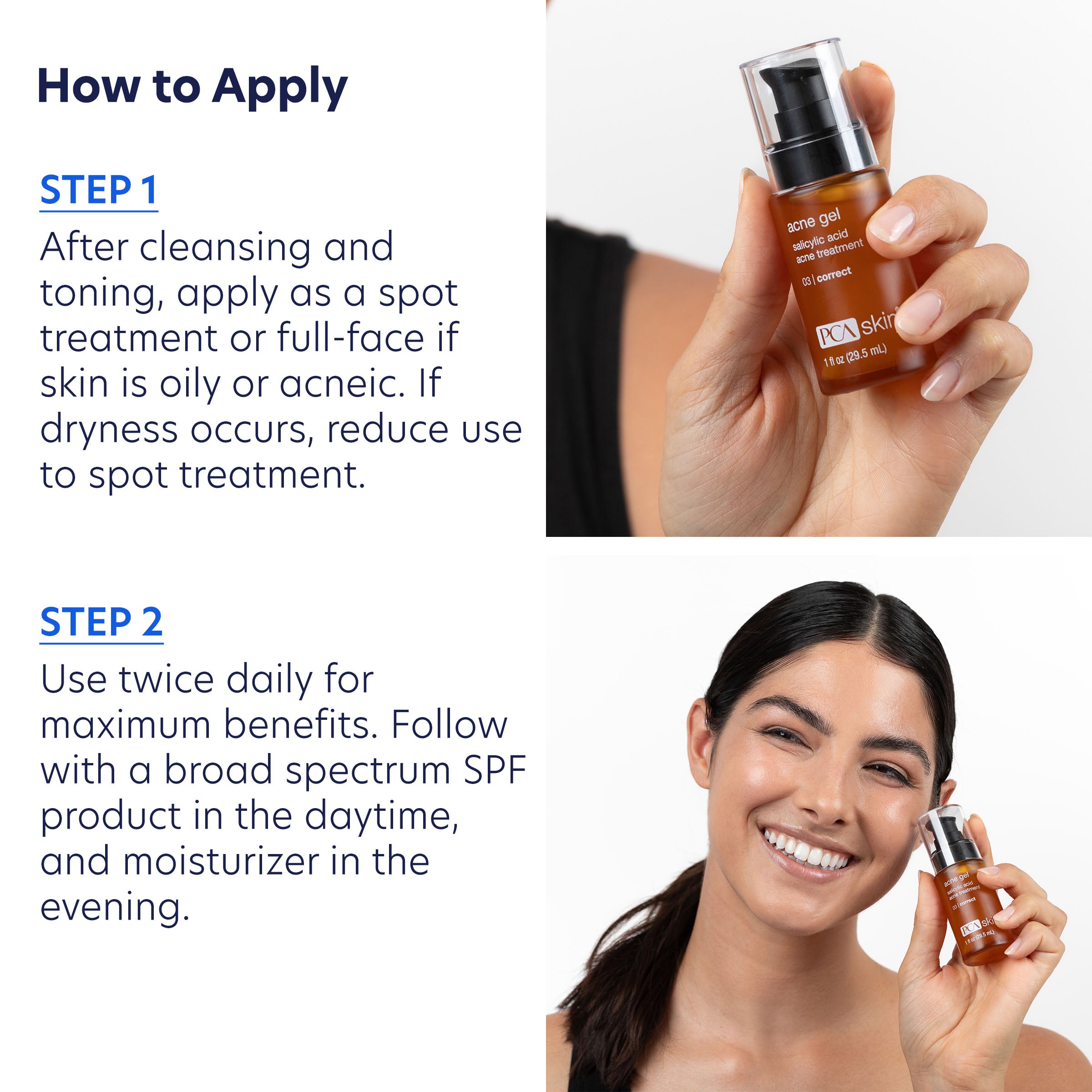 Instructions on how to apply a skincare product with text and images of a bottle and a person holding it.