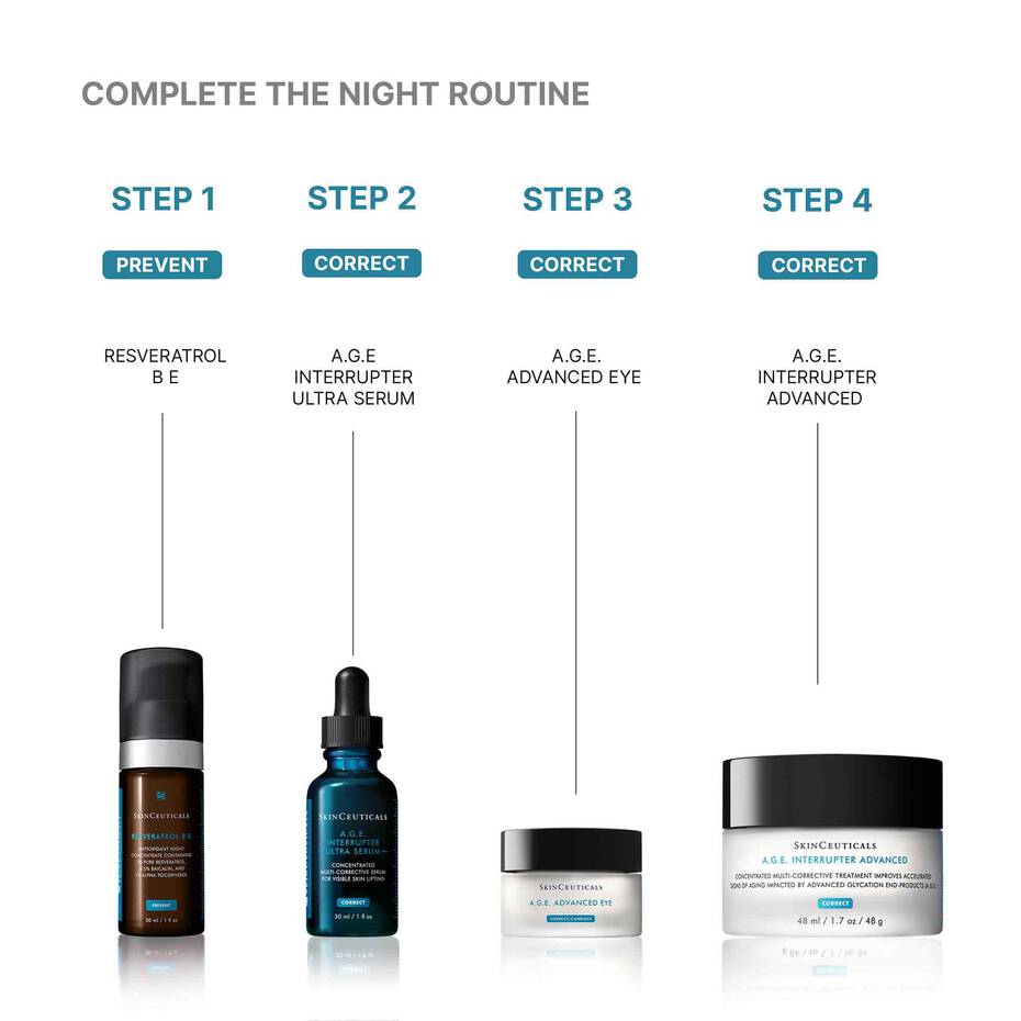 Skincare product lineup with step-by-step instructions on a white background