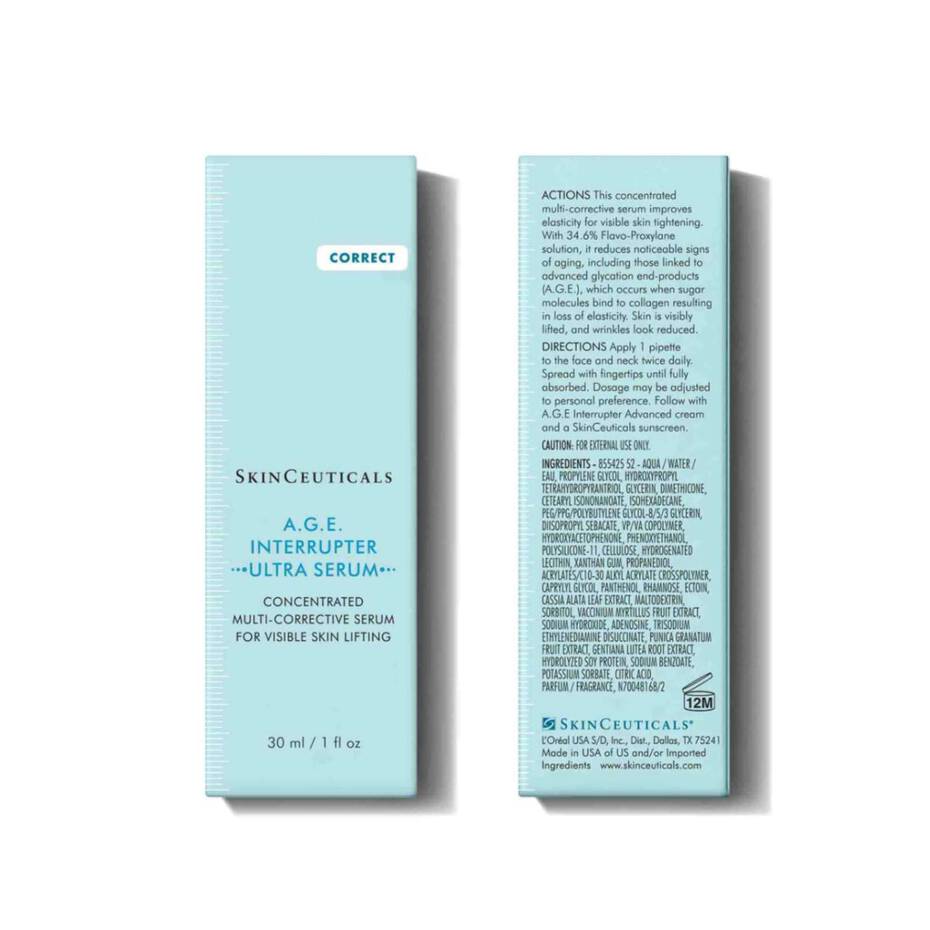 SkinCeuticals A.G.E. Interrupter Ultra Serum packaging with front and back views on a white background