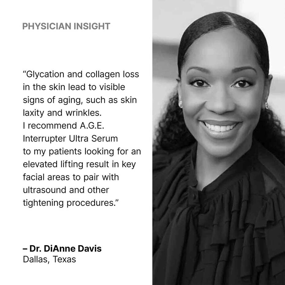 Woman with text about skin aging and a product recommendation, with 'Physician Insight' label.