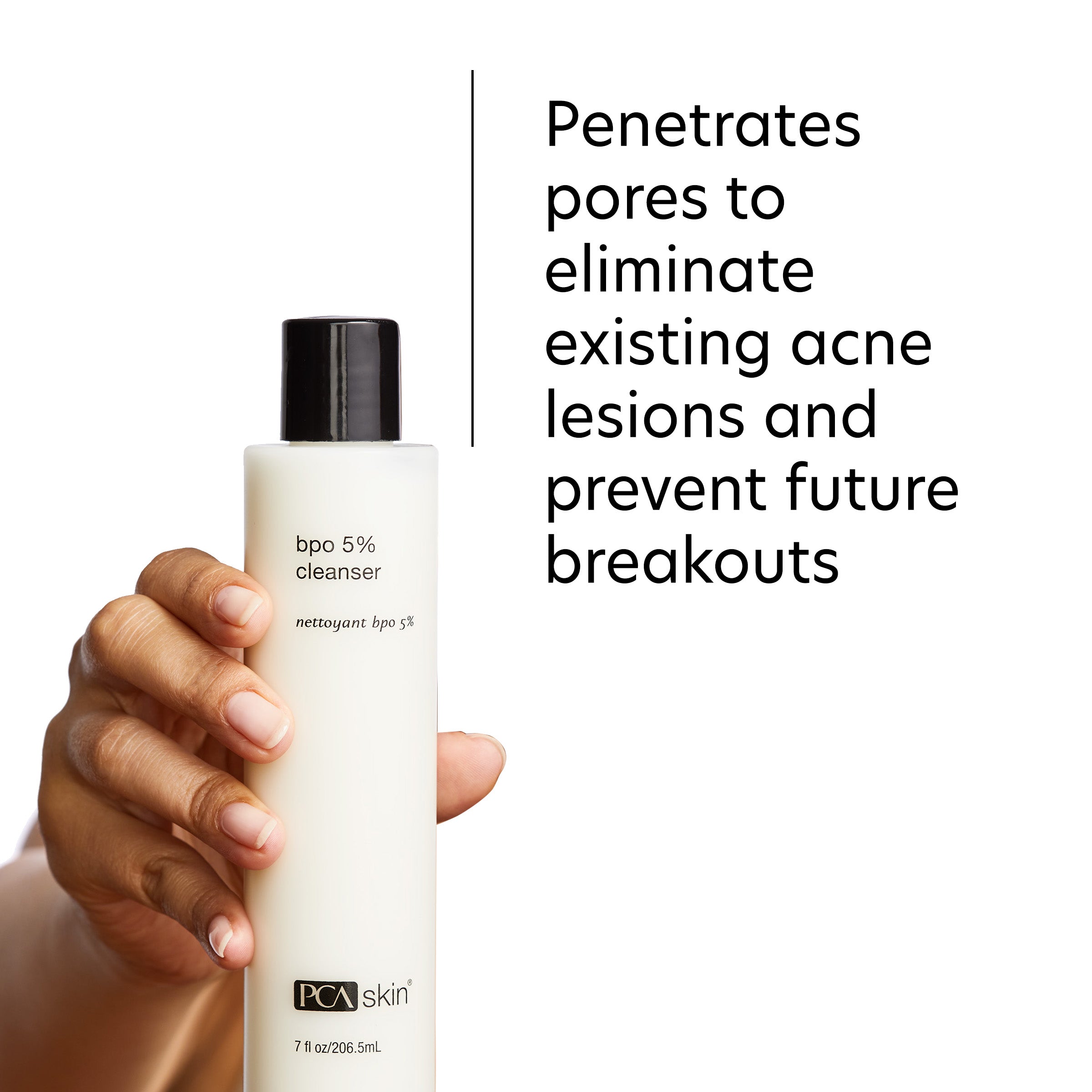 PCA Skin bpo 5% cleanser bottle held by a hand with text about acne treatment.