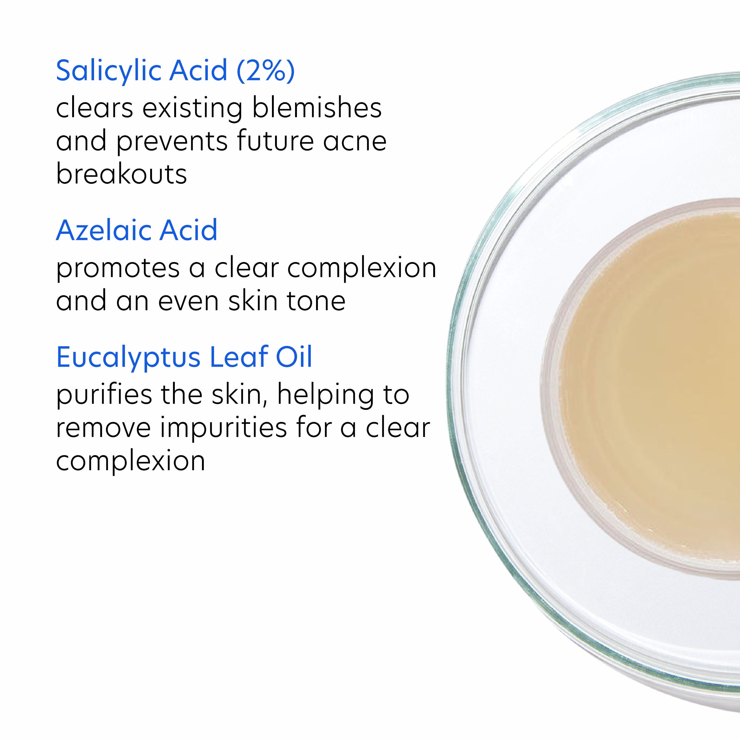 Glass bowl with beige liquid and text about skin care ingredients on a white background