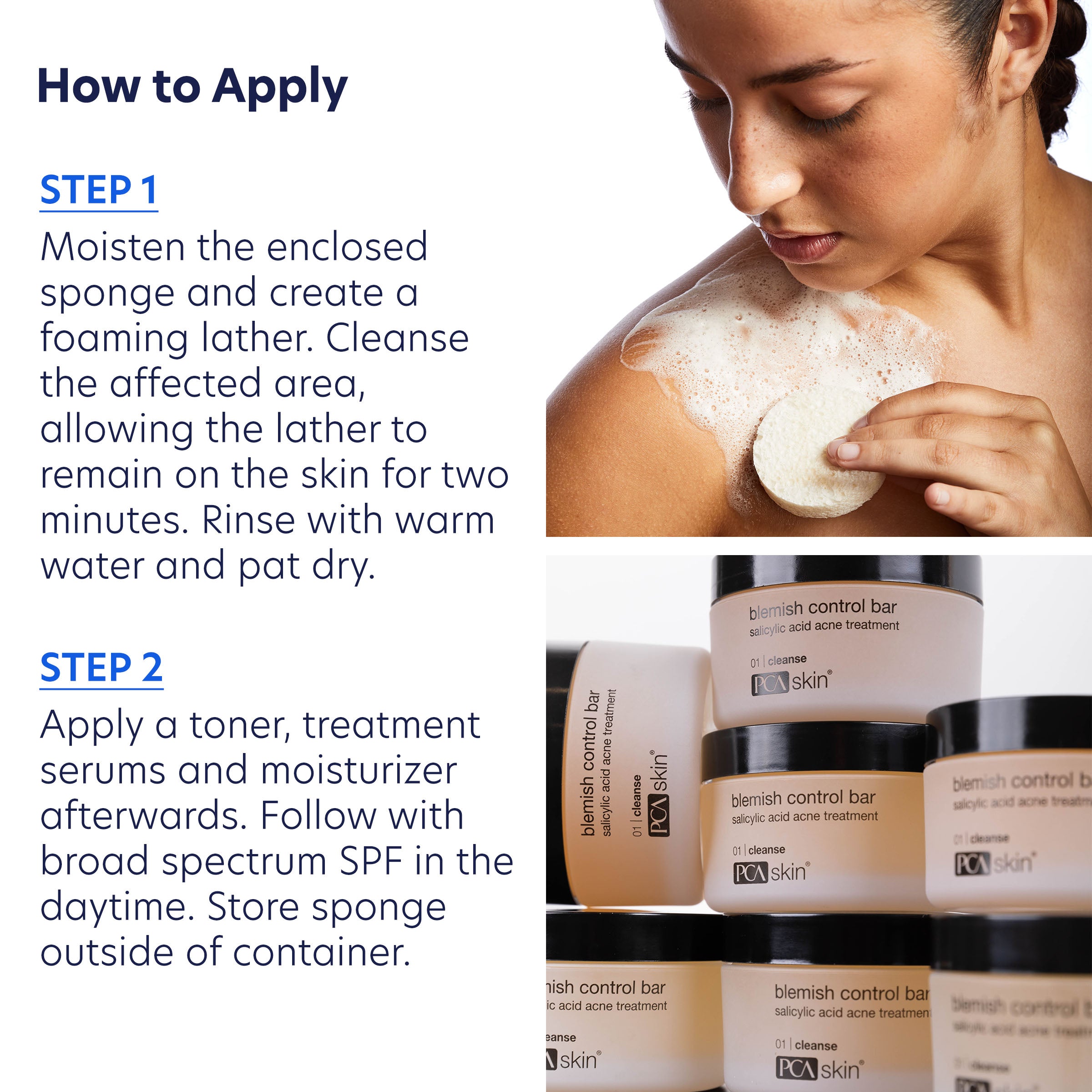 Instructions on how to apply skincare products with a close-up of a person using a sponge and skincare products.