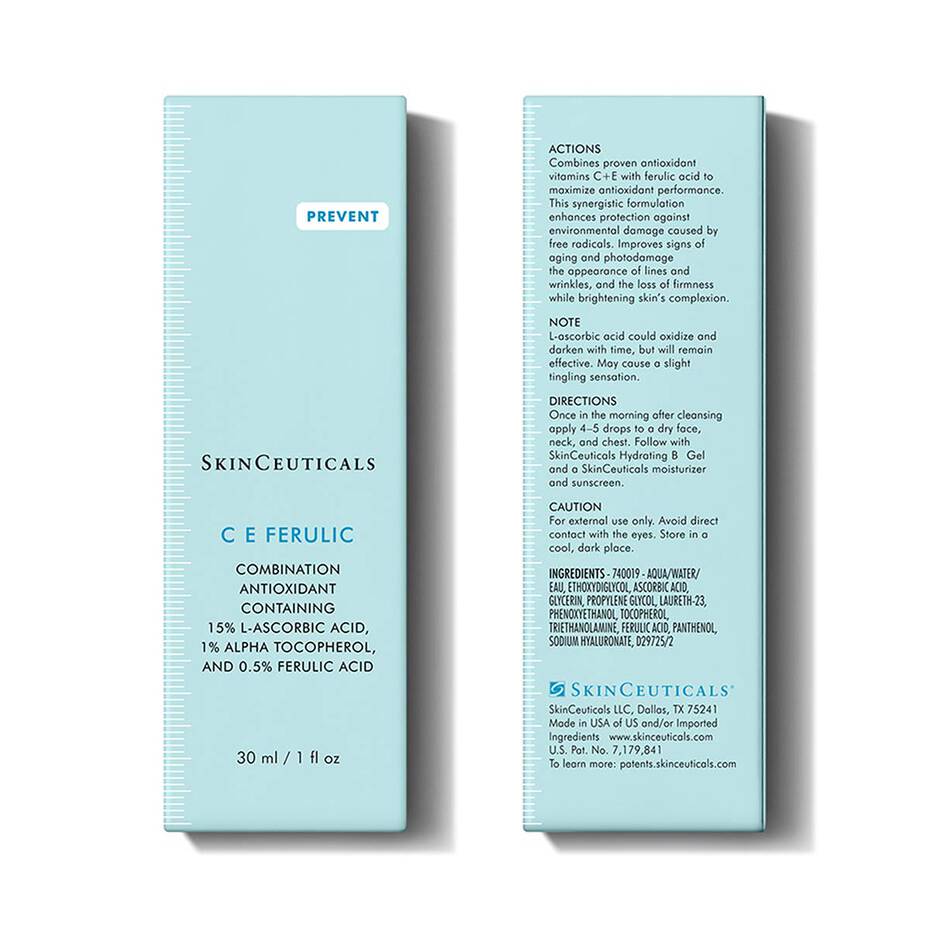 Two blue boxes of SkinCeuticals C E Ferulic skincare product on a white background