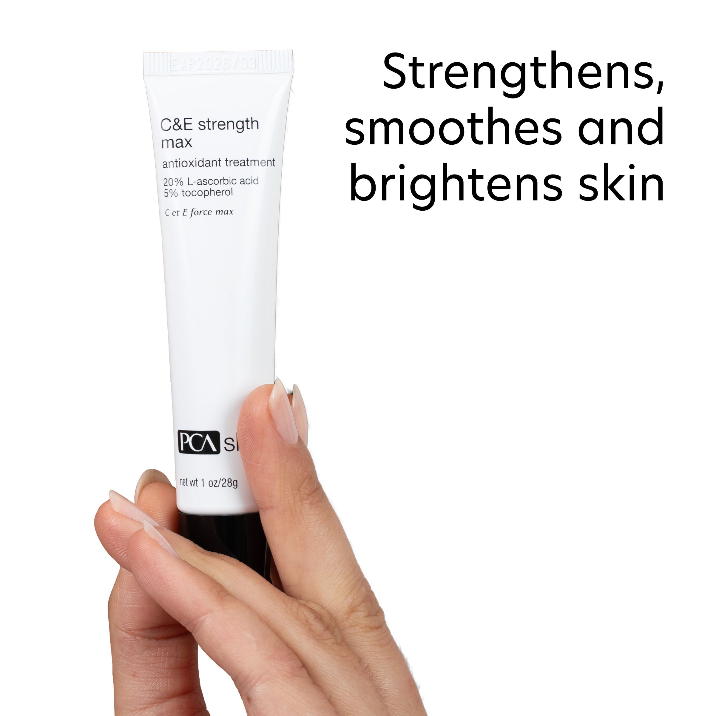 Hand holding a skincare product with text 'Strengthens, smooths and brightens skin' on a white background