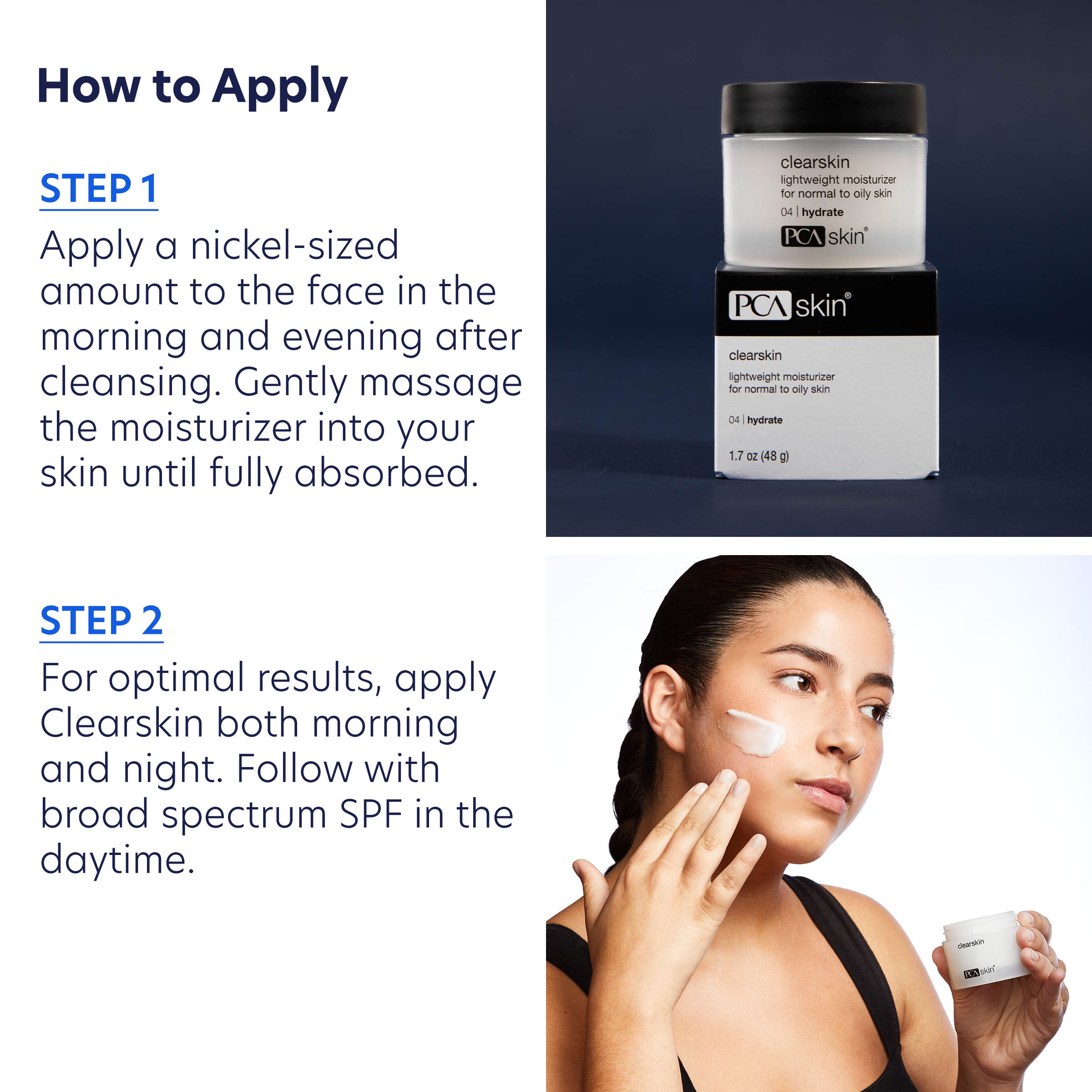PCA Skin moisturizer with application instructions and a model applying the product.