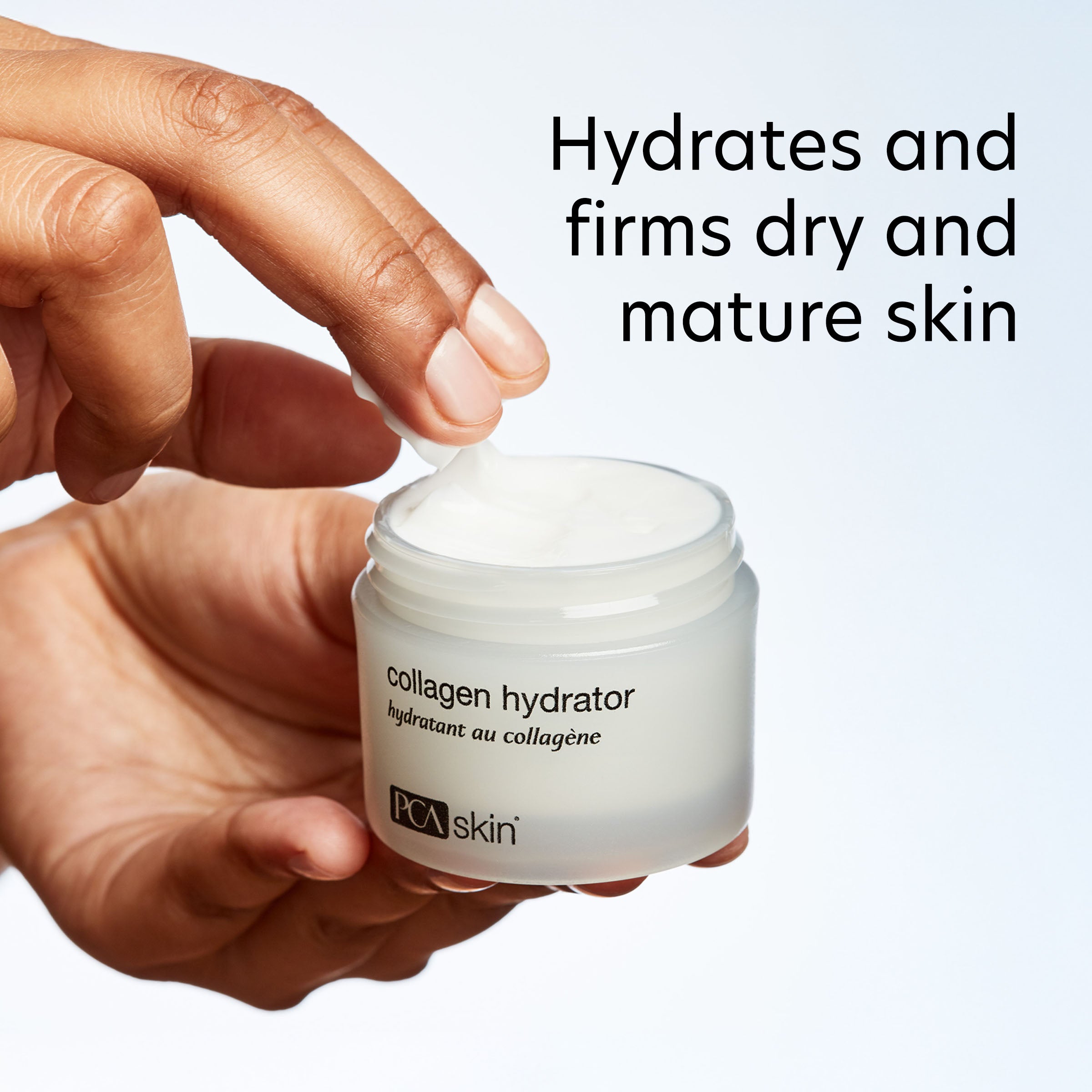 Hand holding a jar of PCA Skin collagen hydrator with text on a light gray background