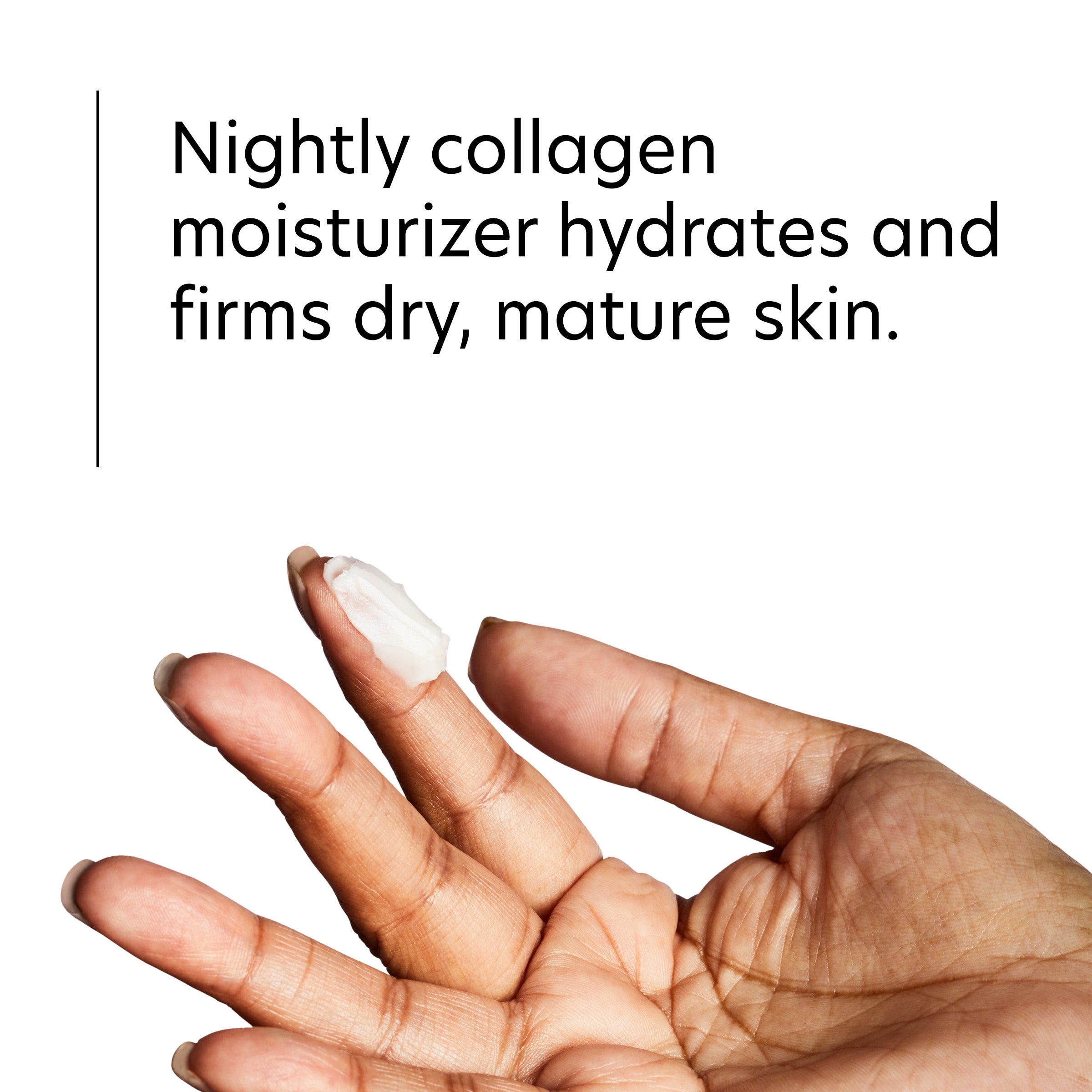 Hand with moisturized skin and text about nightly collagen moisturizer.