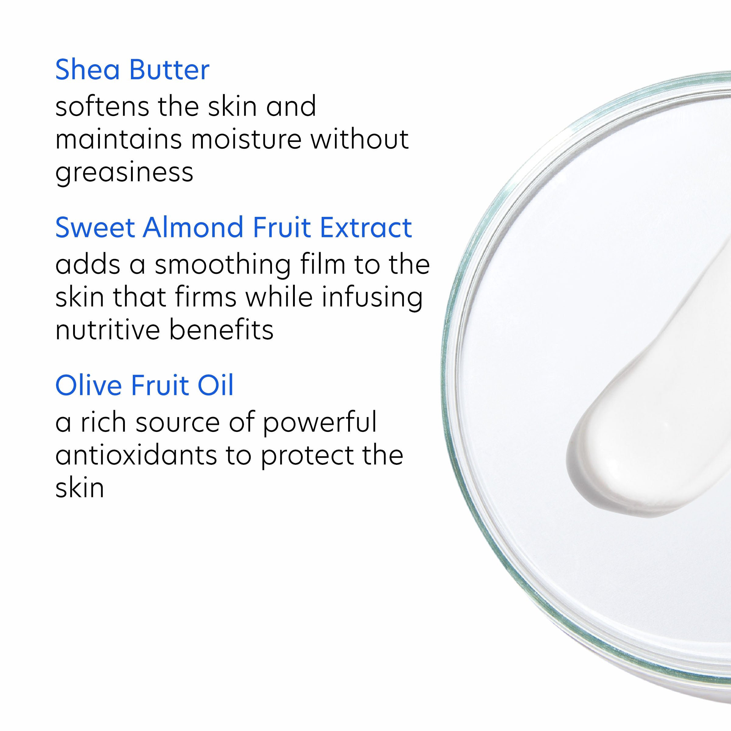 Glass container with a skincare product and text about its benefits on a white background