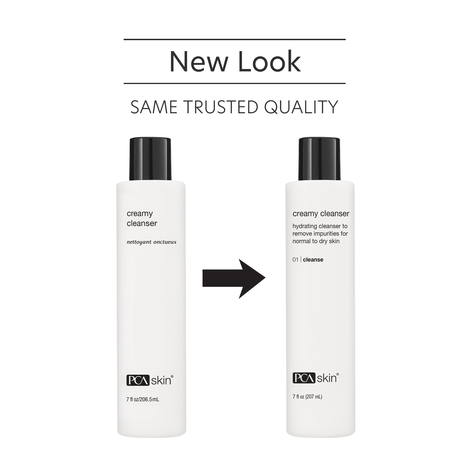 Two bottles of PCA Skin creamy cleanser with a new look comparison on a white background.