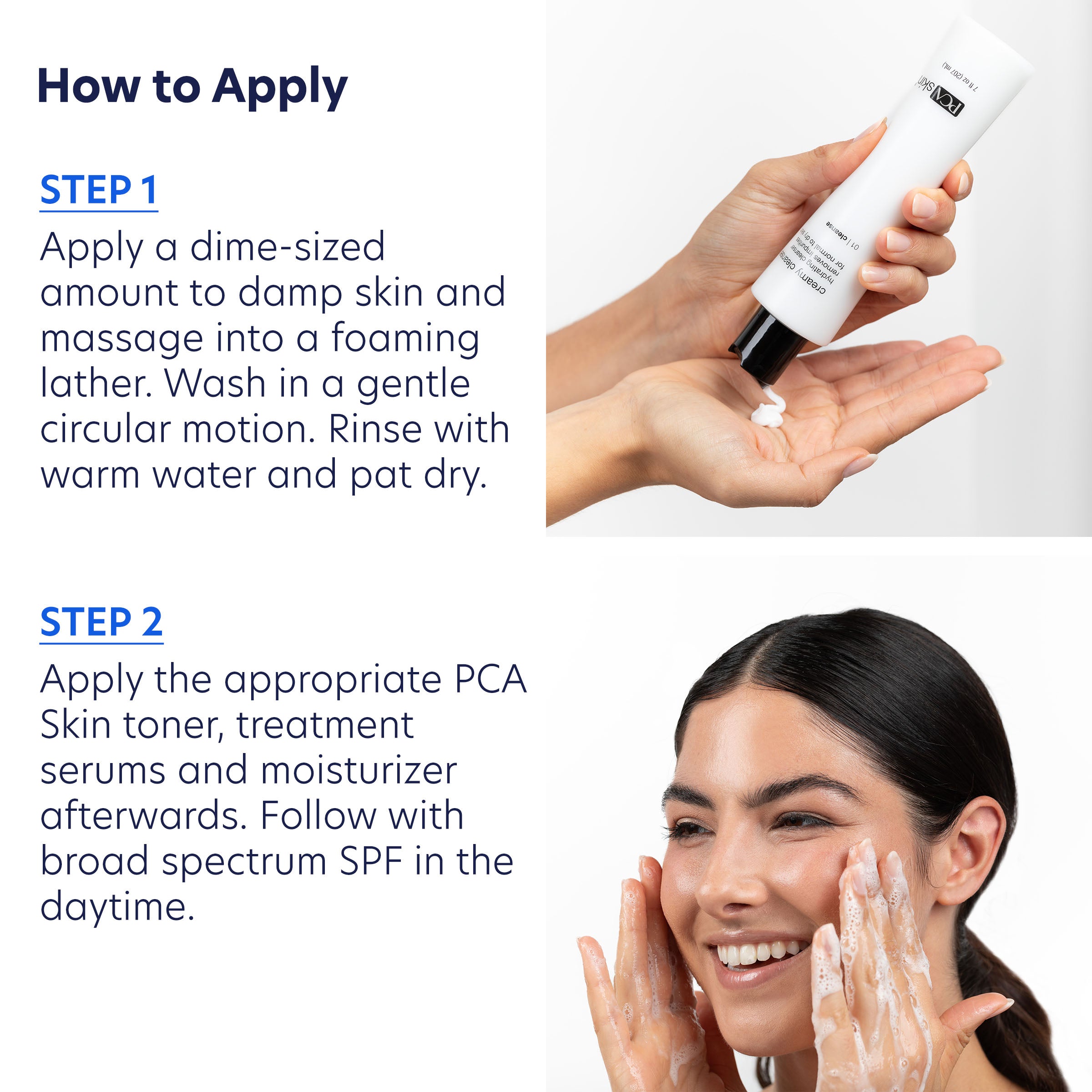 Instructions on how to apply skincare product with text and images of hands and a woman's face.