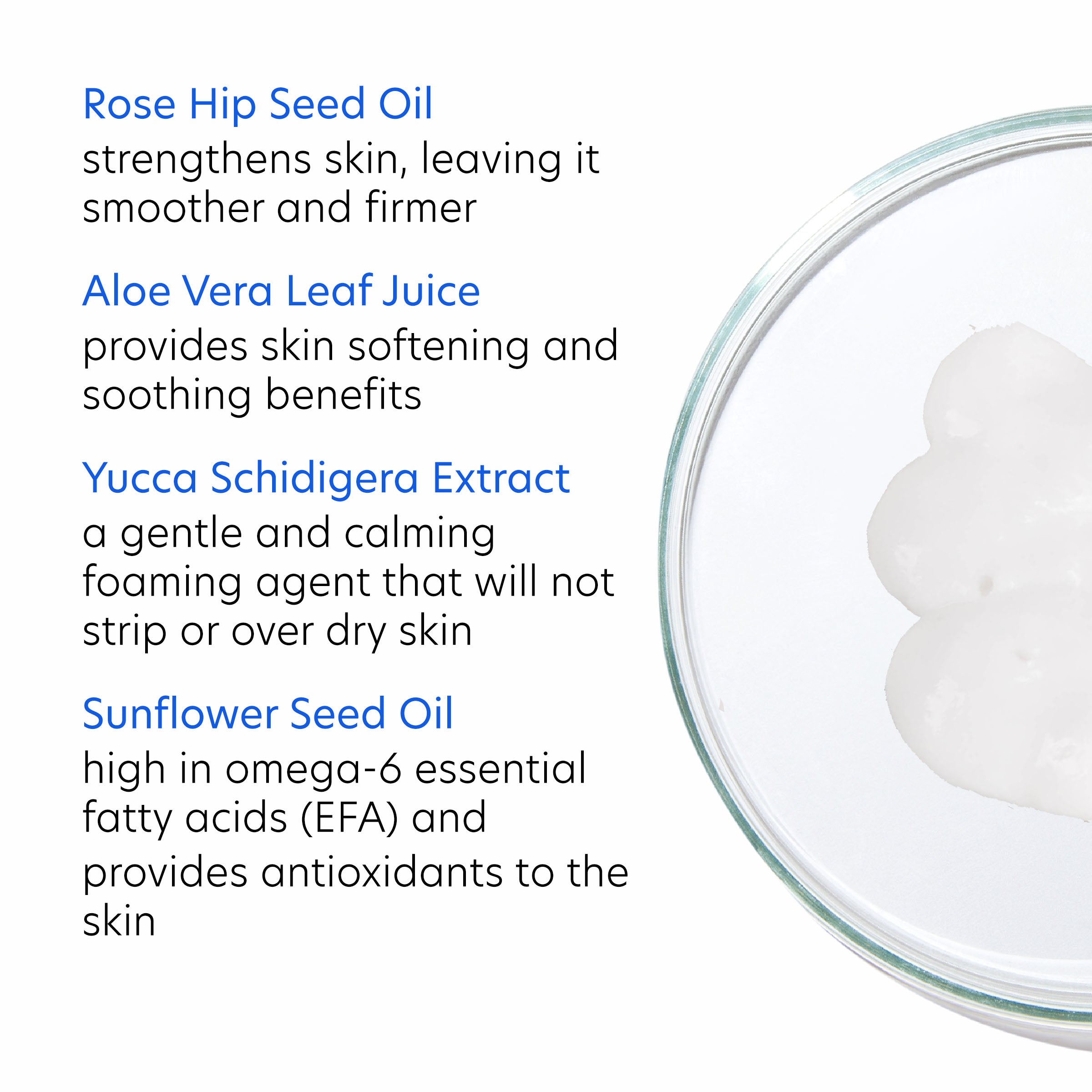 Glass bowl with white cream and text about skincare ingredients on a white background