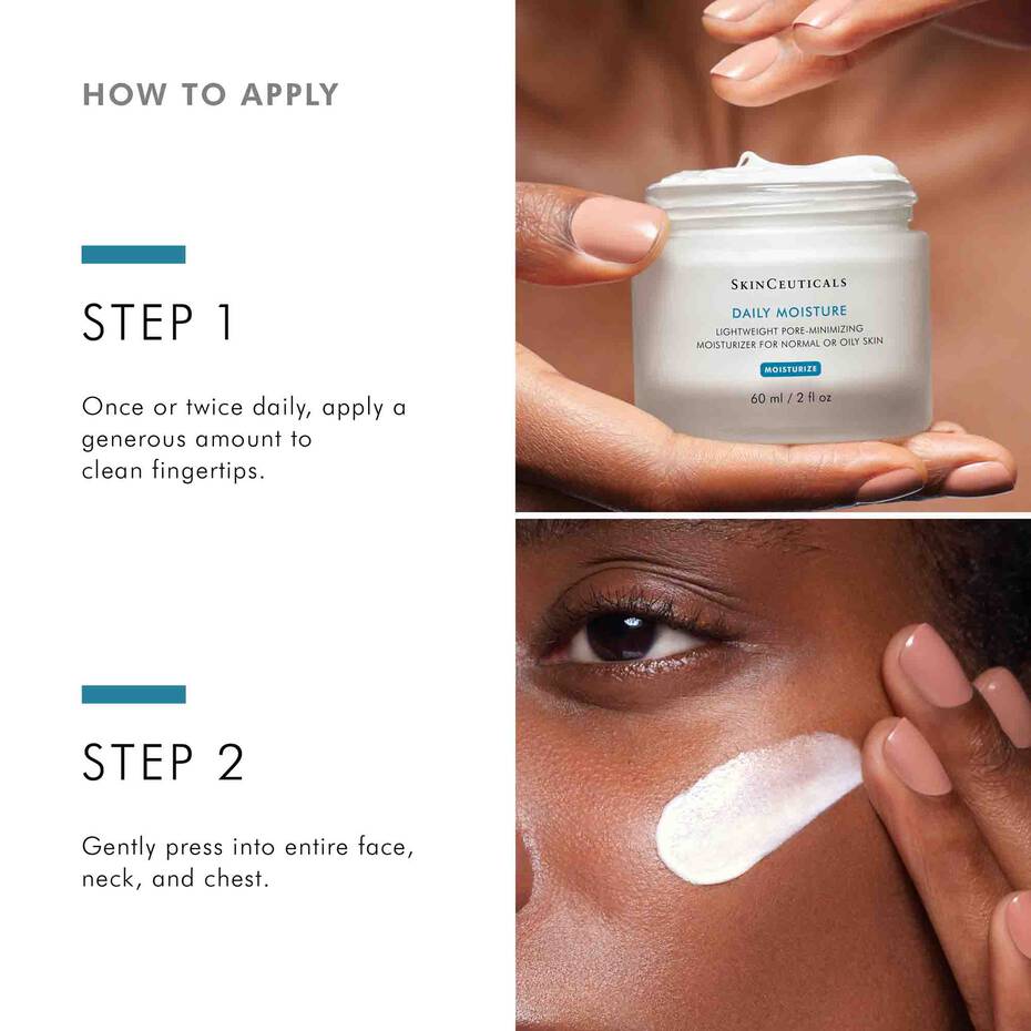 Instructions on how to apply SkinCeuticals Daily Moisture cream with close-up of product and application.