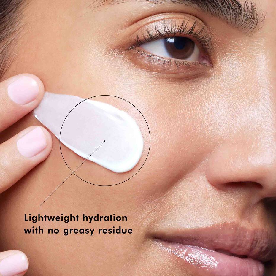 Close-up of a person applying a skincare product to their face with text 'Lightweight hydration with no greasy residue'.