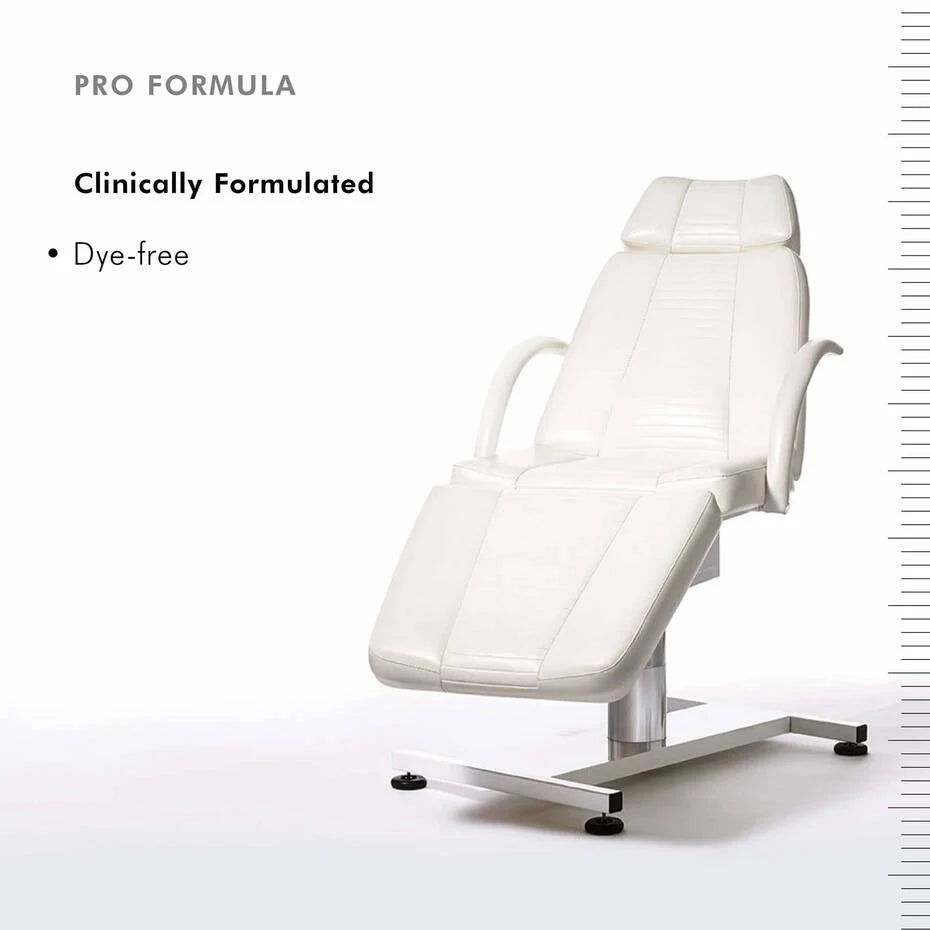 White medical chair with 'Pro Formula' and 'Clinically Formulated Dye-free' text on a white background