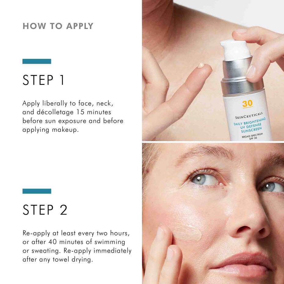 Instructions on how to apply skincare product with close-up of skin and sunscreen bottle.