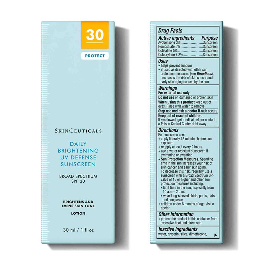 SkinCeuticals Daily Brightening UV Defense Sunscreen packaging with SPF 30 on a white background