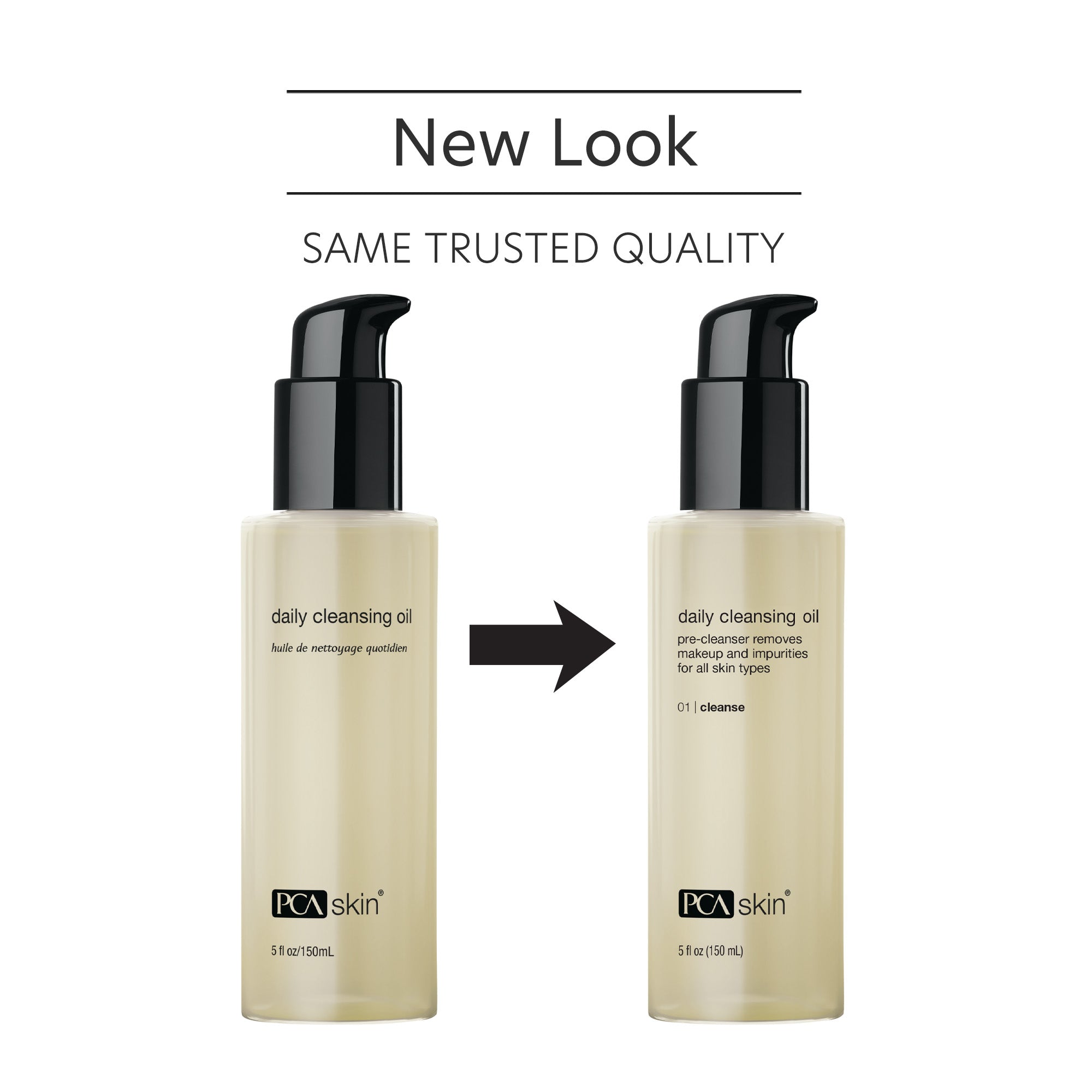 Two bottles of PCA Skin daily cleansing oil with a new look comparison on a white background.