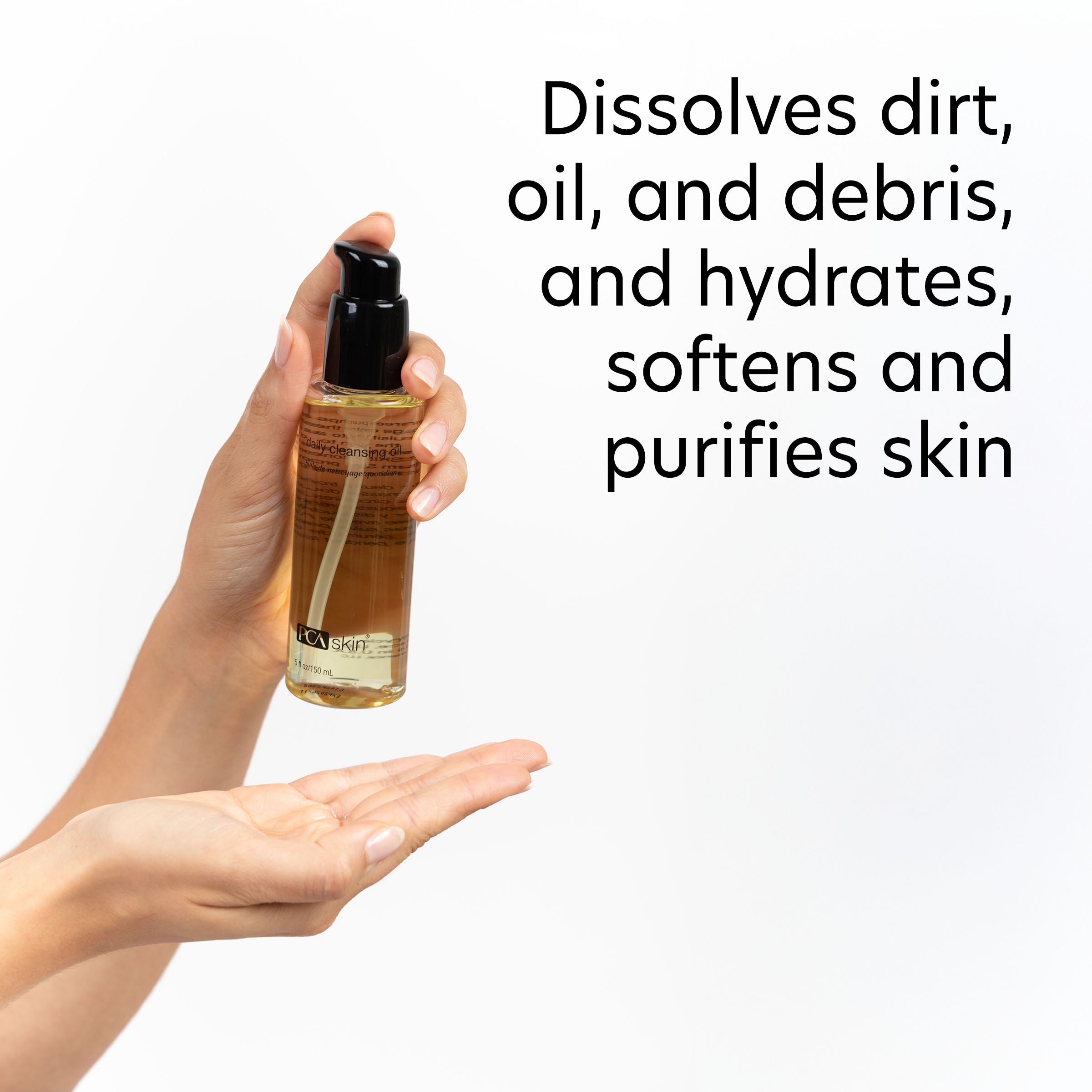 Hand holding a bottle of skincare product with text about its benefits on a white background