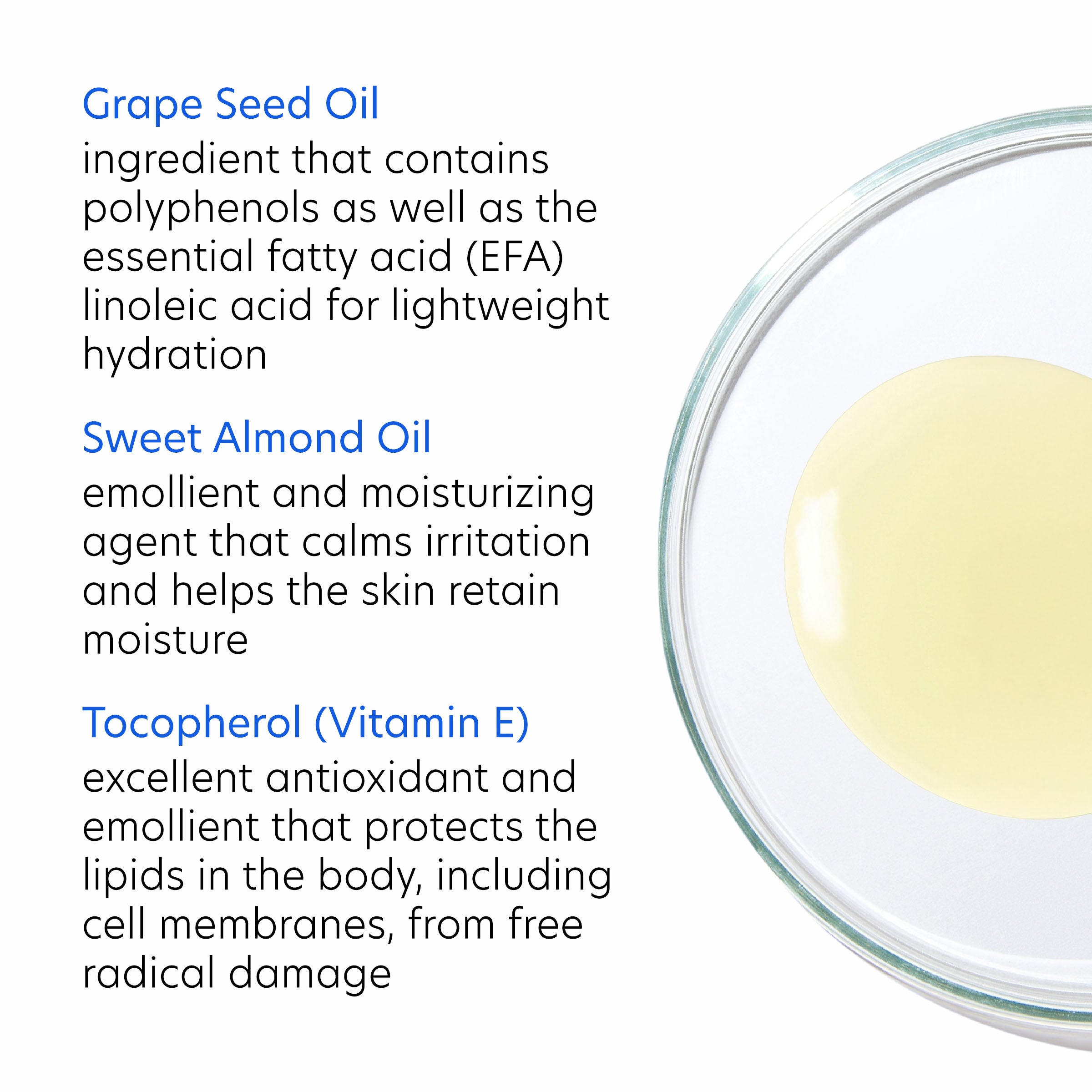 Glass bowl with a yellow liquid and text about grape seed oil, sweet almond oil, and tocopherol (Vitamin E).