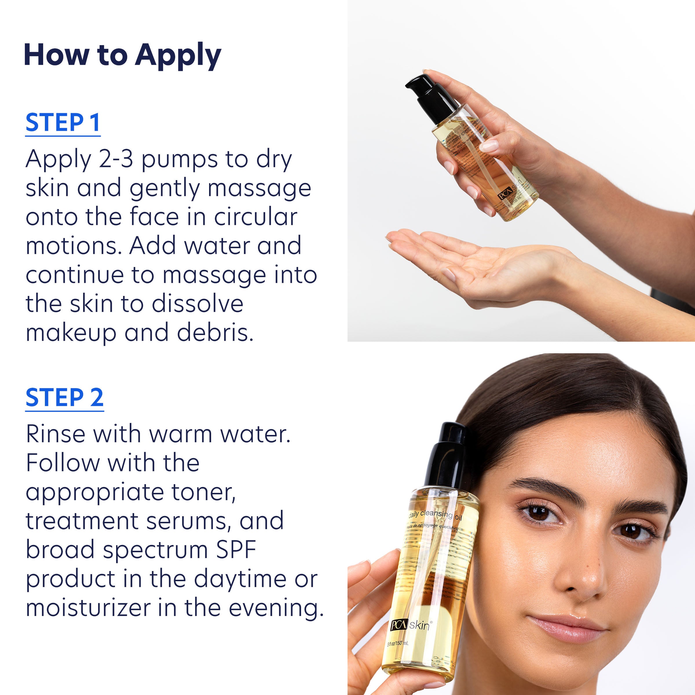 Product application instructions with a bottle and a woman's face on a white background