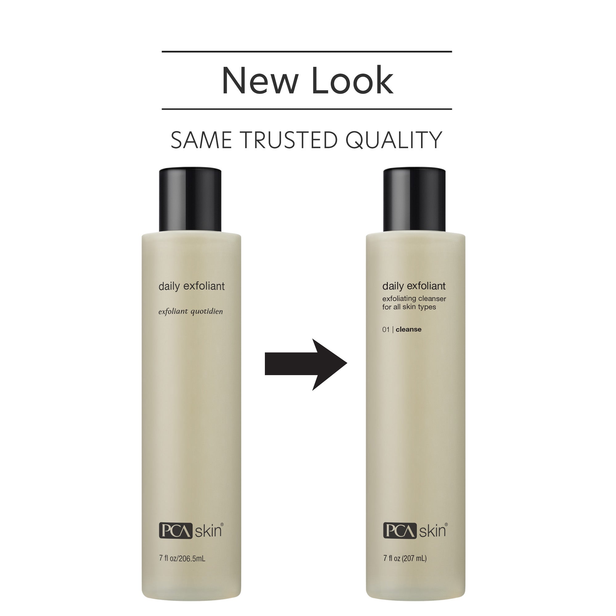 Two bottles of PCA Skin daily exfoliant with a new look comparison on a white background.