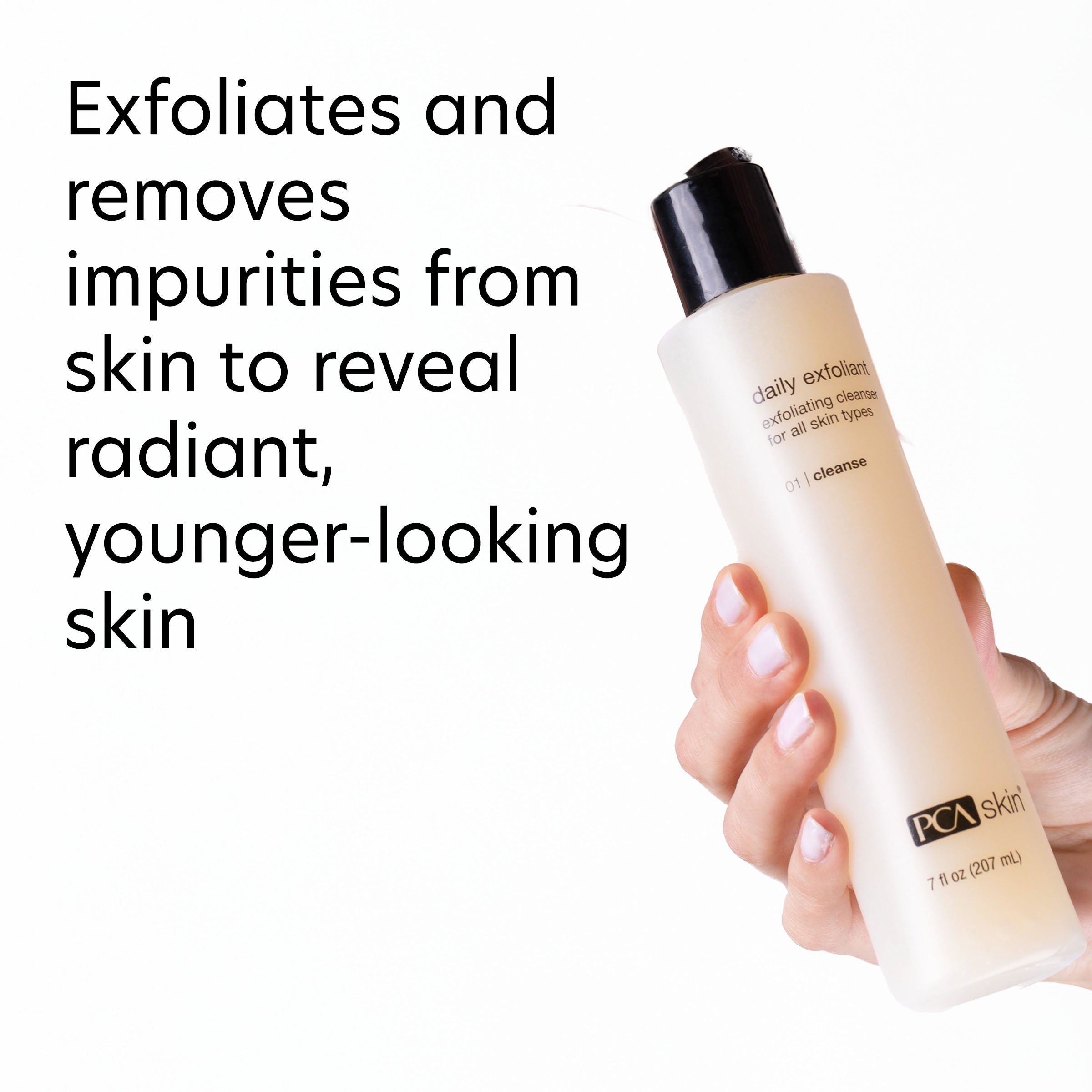 PCA Skin exfoliating cleanser bottle held by a hand with text about skin benefits.