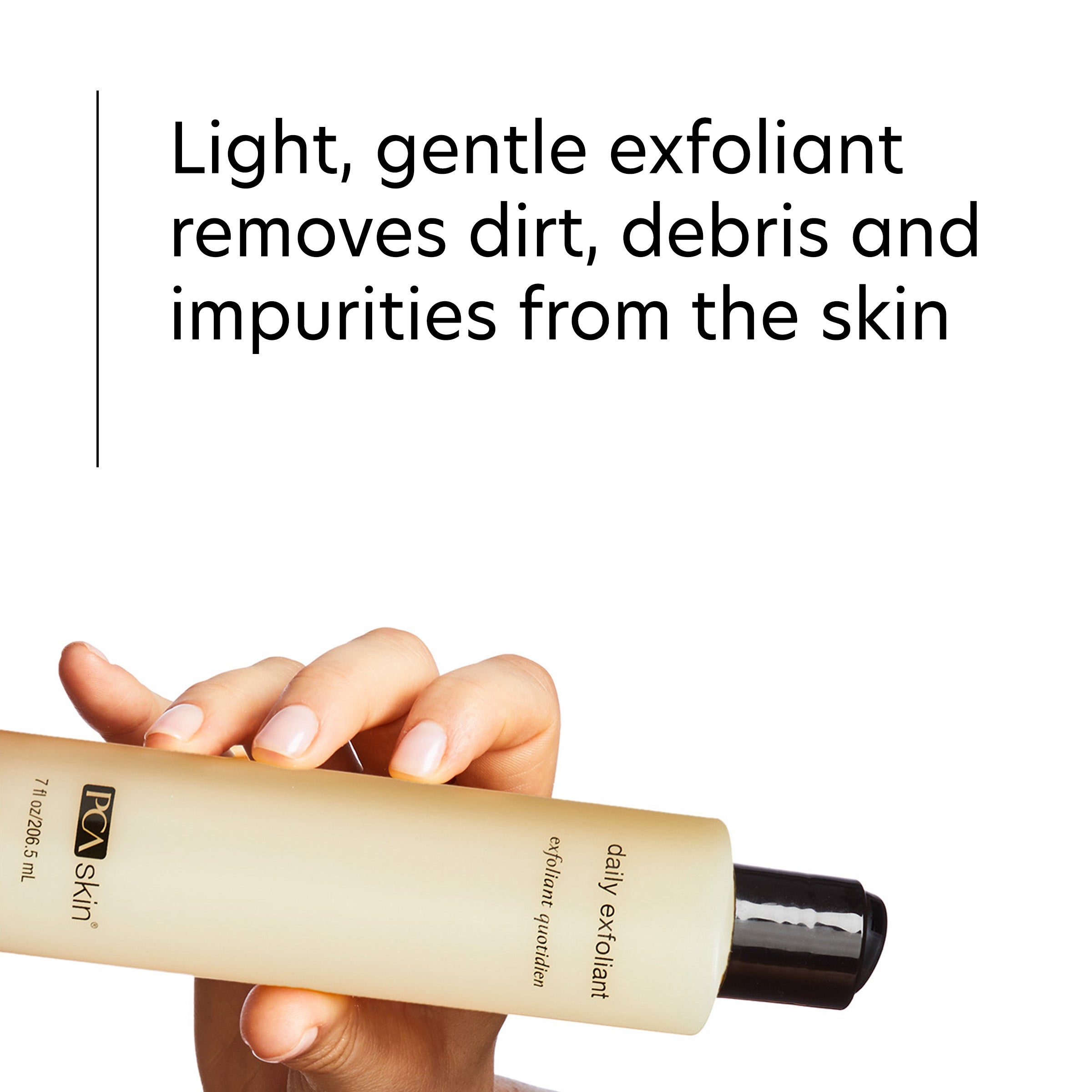 Hand holding a bottle of PCA Skin daily exfoliant with text about its benefits on a white background